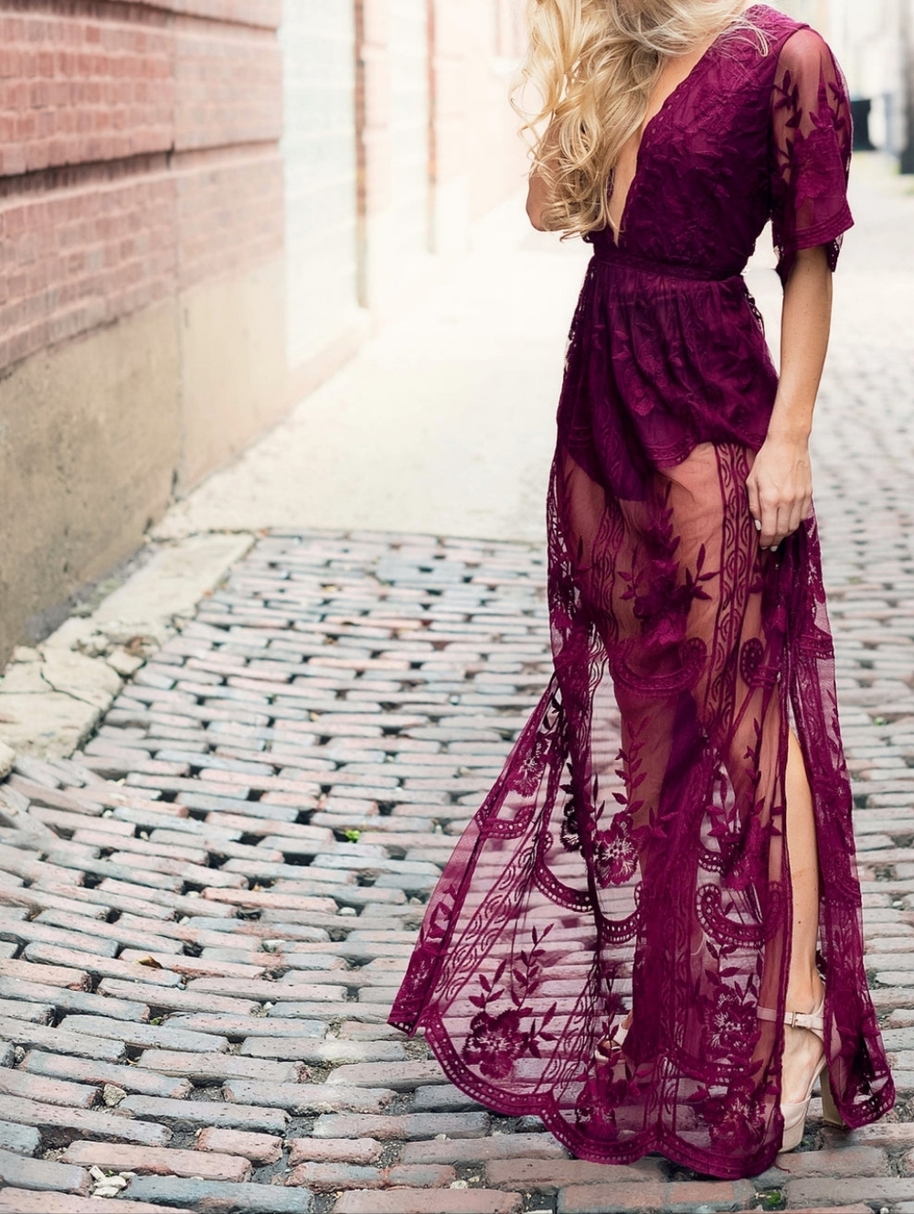 Honey Punch Magenta Embroidery Lace Maxi Dress with Romper Shorts Size Small